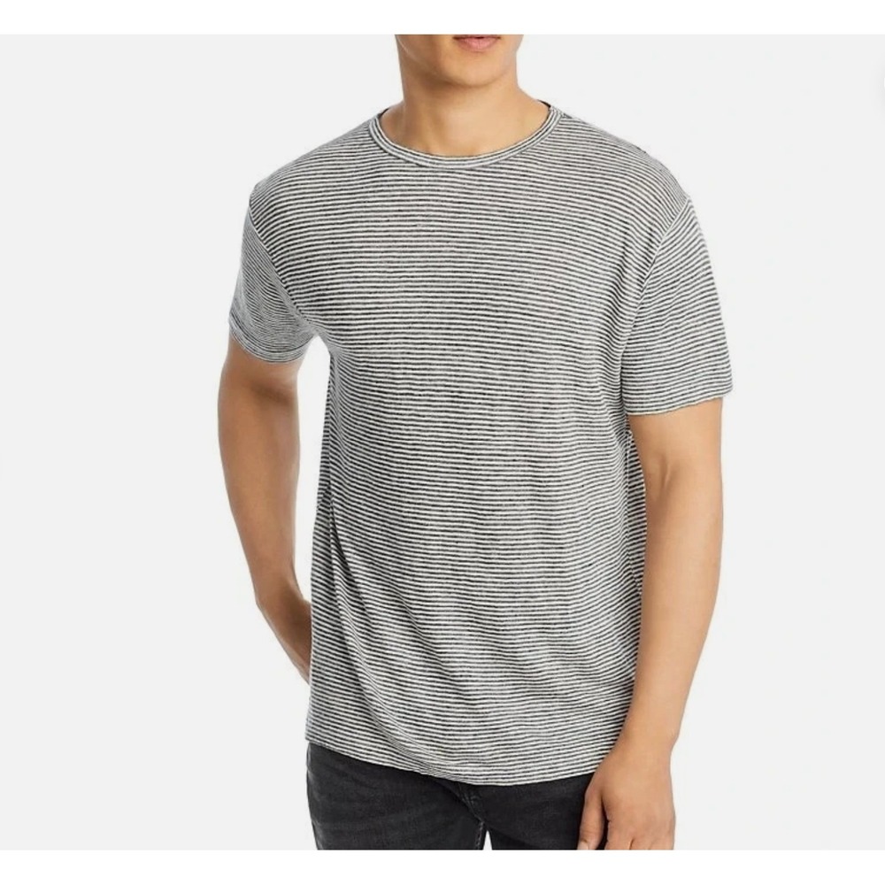 Bloomingdales Mens T Shirt XL 100% Linen Dark Slate Striped Short Sleeve Crew